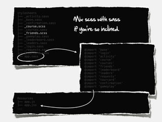 stylesheets

                         Mix scss with sass
├── _activity.sass
├── _base.sass
├── _confirmation.sass

                         if you're so inclined.
├── _course.scss
├── _courses.sass
├── _friends.scss
├── _gameplay.sass
├── _leaderboard.sass
├── _leaders.sass
├── _login.sass
├── _requests.sass            @import   'base'
├── _tourcard.sass            @import   'login'
└── app.sass                  @import   'activity'
                              @import   'course'
                              @import   'courses'
                              @import   'friends'
                              @import   'leaderboard'
                              @import   'leaders'
                              @import   'requests'
                              @import   'tourcard'
                              @import   'confirmation'
                              @import   'gameplay'



Resources
├── app.js
├── app.jss
...
 