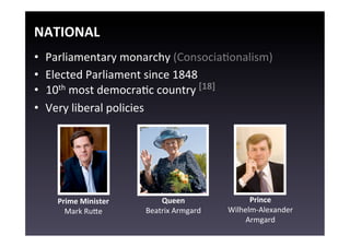 NATIONAL	
  
•    Parliamentary	
  monarchy	
  (ConsociaEonalism)	
  
•    Elected	
  Parliament	
  since	
  1848	
  
•    10th	
  most	
  democraEc	
  country	
  [18]	
  
•    Very	
  liberal	
  policies	
  




       Prime	
  Minister	
         Queen	
                        Prince	
  
         Mark	
  Ruge	
        Beatrix	
  Armgard	
  	
     Wilhelm-­‐Alexander	
  
                                                                 Armgard	
  	
  
 