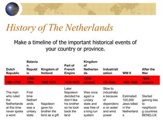 History of The Netherlands Make a timeline of the important historical events of your country or province. Dutch Republic Batavian Republic Kingdom of Holland Part of French Empire Kingdom of Netherlands Industrialization WW II After the War 1581-1795 1795-1806 1806-1810 1810-1813 1815-present 6th Date 1941-1945 1945-present The man who ruled the Netherlands at this time never spoke a word First time Netherlands was a unitary state Napoleon gave his brother the land as a gift Later Napoleon decided he didn’t like his brother so he took back the land Was once again a unitary state and was free of a king run system Slow to industrialize because of dependence on water and wind power Estimated 100,000 Jews killed in the Netherlands Started gaining ties to neighboring countries BENELUX 