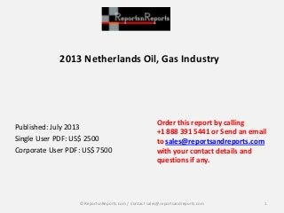 2013 Netherlands Oil, Gas Industry
Published: July 2013
Single User PDF: US$ 2500
Corporate User PDF: US$ 7500
Order this report by calling
+1 888 391 5441 or Send an email
to sales@reportsandreports.com
with your contact details and
questions if any.
1© ReportsnReports.com / Contact sales@reportsandreports.com
 