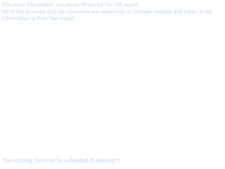 For more information ask Anne Pham for the full report.
All of the pictures and backgrounds are searched on Google images and most of the
information is from the report.




You copying this may be subjected to copyright
 