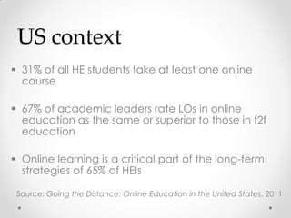 US context
 31% of all HE students take at least one online
course
 67% of academic leaders rate LOs in online
education as the same or superior to those in f2f
education
 Online learning is a critical part of the long-term
strategies of 65% of HEIs
Source: Going the Distance: Online Education in the United States, 2011
 
