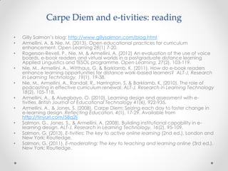 Carpe Diem and e-tivities: reading
• Gilly Salmon’s blog: http://www.gillysalmon.com/blog.html
• Armellini, A. & Nie, M. (2013). Open educational practices for curriculum
enhancement. Open Learning 28(1) 7-20.
• Rogerson-Revell, P., Nie, M. & Armellini, A. (2012) An evaluation of the use of voice
boards, e-book readers and virtual worlds in a postgraduate distance learning
Applied Linguistics and TESOL programme. Open Learning, 27(2), 103-119.
• Nie, M., Armellini, A., Witthaus, G. & Barklamb, K. (2011). How do e-book readers
enhance learning opportunities for distance work-based learners? ALT-J, Research
in Learning Technology, 19(1), 19-38.
• Nie, M., Armellini, A., Randall, R., Harrington, S. & Barklamb, K. (2010). The role of
podcasting in effective curriculum renewal. ALT-J, Research in Learning Technology
18(2), 105-118.
• Armellini, A., & Aiyegbayo, O. (2010). Learning design and assessment with e-
tivities. British Journal of Educational Technology 41(6), 922-935.
• Armellini, A., & Jones, S. (2008). Carpe Diem: Seizing each day to foster change in
e-learning design. Reflecting Education, 4(1), 17-29. Available from
http://tinyurl.com/58q2lj
• Salmon, G., Jones, S., & Armellini, A. (2008). Building institutional capability in e-
learning design. ALT-J, Research in Learning Technology, 16(2), 95-109.
• Salmon, G. (2013). E-tivities: The key to active online learning (2nd ed.). London and
New York: Routledge.
• Salmon, G. (2011). E-moderating: The key to teaching and learning online (3rd ed.).
New York: Routledge.
 