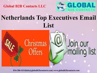 Global B2B Contacts LLC
816-286-4114|info@globalb2bcontacts.com| www.globalb2bcontacts.com
Netherlands Top Executives Email
List
 