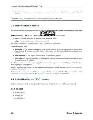 NethServer Documentation, Release 7 Final
5. Each ﬁle under /etc/e-smith/templates-custom/ must be manually checked for compatibility with
version 7.
Warning: Do not reboot the machine before executing the post-restore-data event.
7.3 Documentation license
This documentation is distributed under the terms of Creative Commons - Attribution-NonCommercial-ShareAlike
4.0 International (CC BY-NC-SA 4.0) license. You are free to:
• Share — copy and redistribute the material in any medium or format
• Adapt — remix, transform, and build upon the material
The licensor cannot revoke these freedoms as long as you follow the license terms.
Under the following terms:
• Attribution — You must give appropriate credit, provide a link to the license, and indicate if changes were
made. You may do so in any reasonable manner, but not in any way that suggests the licensor endorses you or
your use.
• NonCommercial — You may not use the material for commercial purposes.
• ShareAlike — If you remix, transform, or build upon the material, you must distribute your contributions under
the same license as the original.
No additional restrictions — You may not apply legal terms or technological measures that legally restrict others from
doing anything the license permits.
This is a human-readable summary of (and not a substitute for) the full license available at: http://creativecommons.
org/licenses/by-nc-sa/4.0/
Architecture documentation is from SME Server project and is licensed under GNU Free Documentation License 1.3
(http://www.gnu.org/copyleft/fdl.html). See http://wiki.contribs.org/ for original documentation.
7.4 List of NethServer 7 ISO releases
Each subsection corresponds to an upstream ISO release. See also the ISO releases on Developer’s manual.
7.4.1 7.5.1804
• 2018-06-11 ﬁnal
• 2018-05-31 rc
• 2018-05-21 beta
138 Chapter 7. Appendix
 