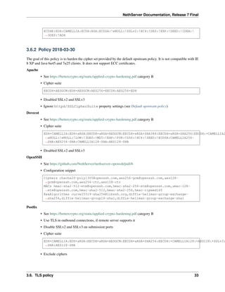 NethServer Documentation, Release 7 Final
ECDHE:EDH:CAMELLIA:ECDH:RSA:ECDSA:!eNULL:!SSLv2:!RC4:!DES:!EXP:!SEED:!IDEA:!
˓→3DES:!ADH
3.6.2 Policy 2018-03-30
The goal of this policy is to harden the cipher set provided by the default upstream policy. It is not compatible with IE
8 XP and Java 6u45 and 7u25 clients. It does not support ECC certiﬁcates.
Apache
• See https://bettercrypto.org/static/applied-crypto-hardening.pdf category B
• Cipher suite
EECDH+AESGCM:EDH+AESGCM:AES256+EECDH:AES256+EDH
• Disabled SSLv2 and SSLv3
• Ignore httpd/SSLCipherSuite property settings (see Default upstream policy)
Dovecot
• See https://bettercrypto.org/static/applied-crypto-hardening.pdf category B
• Cipher suite
EDH+CAMELLIA:EDH+aRSA:EECDH+aRSA+AESGCM:EECDH+aRSA+SHA384:EECDH+aRSA+SHA256:EECDH:+CAMELLIA2
˓→aNULL:!eNULL:!LOW:!3DES:!MD5:!EXP:!PSK:!DSS:!RC4:!SEED:!ECDSA:CAMELLIA256-
˓→SHA:AES256-SHA:CAMELLIA128-SHA:AES128-SHA
• Disabled SSLv2 and SSLv3
OpenSSH
• See https://github.com/NethServer/nethserver-openssh/pull/6
• Conﬁguration snippet
Ciphers chacha20-poly1305@openssh.com,aes256-gcm@openssh.com,aes128-
˓→gcm@openssh.com,aes256-ctr,aes128-ctr
MACs hmac-sha2-512-etm@openssh.com,hmac-sha2-256-etm@openssh.com,umac-128-
˓→etm@openssh.com,hmac-sha2-512,hmac-sha2-256,hmac-ripemd160
KexAlgorithms curve25519-sha256@libssh.org,diffie-hellman-group-exchange-
˓→sha256,diffie-hellman-group14-sha1,diffie-hellman-group-exchange-sha1
Postﬁx
• See https://bettercrypto.org/static/applied-crypto-hardening.pdf category B
• Use TLS in outbound connections, if remote server supports it
• Disable SSLv2 and SSLv3 on submission ports
• Cipher suite
EDH+CAMELLIA:EDH+aRSA:EECDH+aRSA+AESGCM:EECDH+aRSA+SHA256:EECDH:+CAMELLIA128:+AES128:+SSLv3:
˓→SHA:AES128-SHA
• Exclude ciphers
3.6. TLS policy 33
 