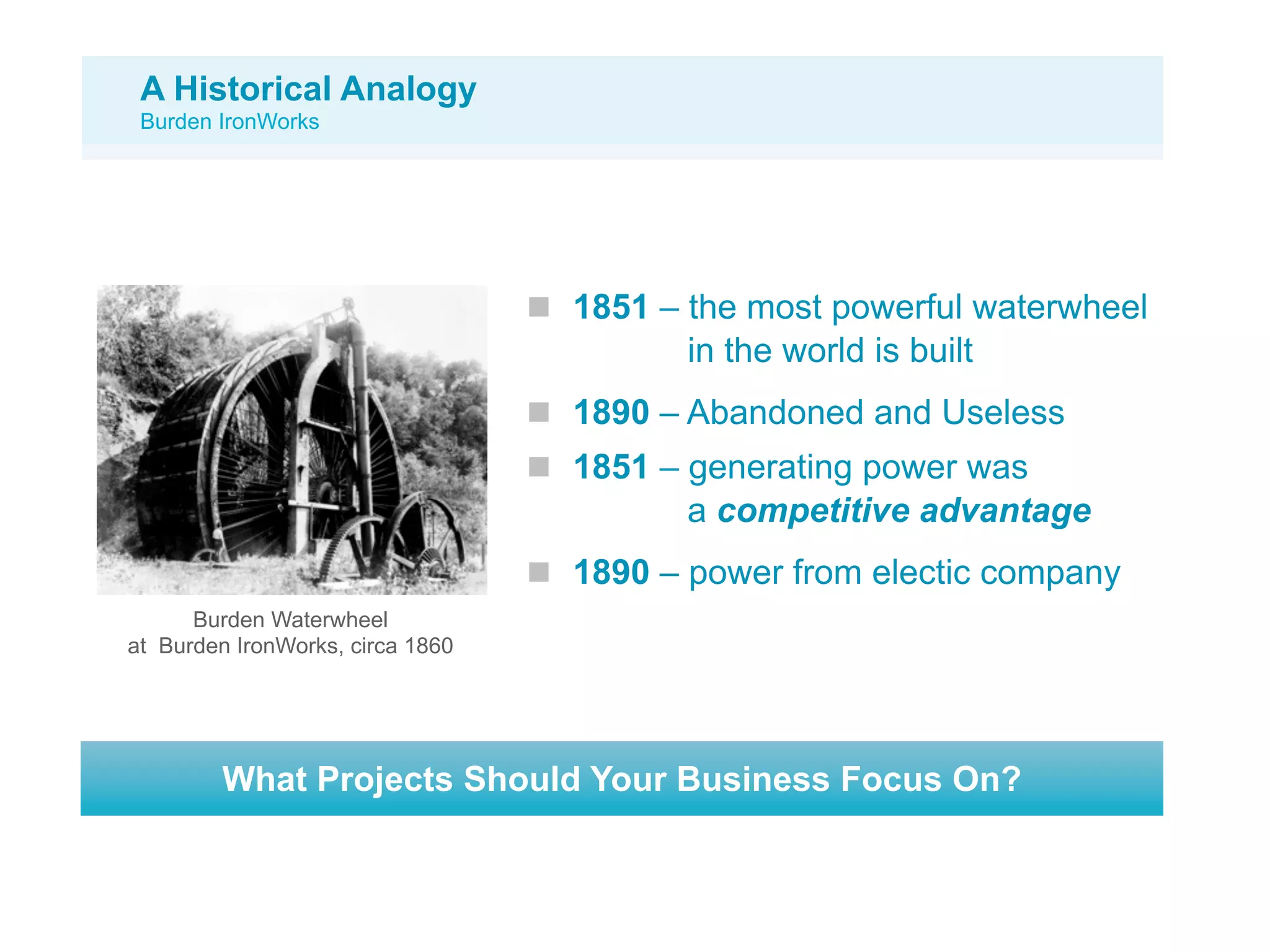 A Historical Analogy
 Burden IronWorks




                                  1851 – the most powerful waterwheel
                                         in the world is built
                                  1890 – Abandoned and Useless
                                  1851 – generating power was
                                         a competitive advantage
                                  1890 – power from electic company
      Burden Waterwheel
at Burden IronWorks, circa 1860




         What Projects Should Your Business Focus On?
 