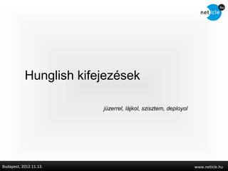 Hunglish kifejezések

                        júzerrel, lájkol, szisztem, deployol




Budapest, 2012.11.13.                                          www.neticle.hu
 
