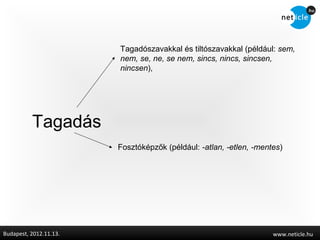 Tagadószavakkal és tiltószavakkal (például: sem,
                        nem, se, ne, se nem, sincs, nincs, sincsen,
                        nincsen),




          Tagadás
                        Fosztóképzők (például: -atlan, -etlen, -mentes)




Budapest, 2012.11.13.                                               www.neticle.hu
 