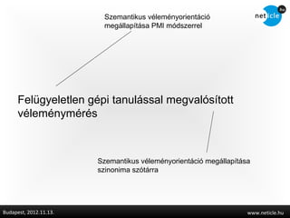 Szemantikus véleményorientáció
                         megállapítása PMI módszerrel




      Felügyeletlen gépi tanulással megvalósított
      véleménymérés



                        Szemantikus véleményorientáció megállapítása
                        szinonima szótárra




Budapest, 2012.11.13.                                              www.neticle.hu
 