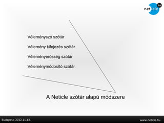 Véleményszó szótár

                  Vélemény kifejezés szótár

                  Véleményerősség szótár

                  Véleménymódosító szótár




                           A Neticle szótár alapú módszere



Budapest, 2012.11.13.                                        www.neticle.hu
 