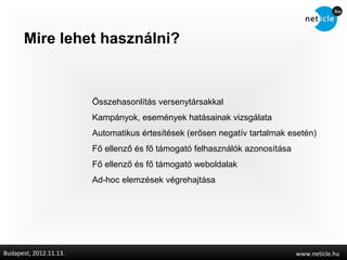 Mire lehet használni?


                        Összehasonlítás versenytársakkal
                        Kampányok, események hatásainak vizsgálata
                        Automatikus értesítések (erősen negatív tartalmak esetén)
                        Fő ellenző és fő támogató felhasználók azonosítása
                        Fő ellenző és fő támogató weboldalak
                        Ad-hoc elemzések végrehajtása




Budapest, 2012.11.13.                                                        www.neticle.hu
 