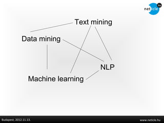 Text mining

              Data mining


                                       NLP
                   Machine learning




Budapest, 2012.11.13.                         www.neticle.hu
 