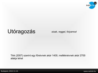 óǳá                              sisak, reggel, folyamod




           Tikk (2007) szerint egy főnévnek akár 1400, melléknévnek akár 2700
           alakja lehet




Budapest, 2012.11.13.                                                      www.neticle.hu
 