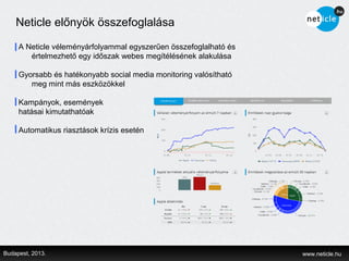 Neticle előnyök összefoglalása

     A Neticle véleményárfolyammal egyszerűen összefoglalható és
        értelmezhető egy időszak webes megítélésének alakulása

     Gyorsabb és hatékonyabb social media monitoring valósítható
        meg mint más eszközökkel

     Kampányok, események
     hatásai kimutathatóak

     Automatikus riasztások krízis esetén




Budapest, 2013.                                                    www.neticle.hu
 