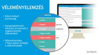 VÉLEMÉNYELEMZÉS
• Közel emberi
pontosság
• Hangulatelemzés:
felismeri és kiemeli a
negatív/pozitív
kifjezéseket
• Véleményindex:
7 fokú skálán értékeli
a véleményeket
zurvey.io
 