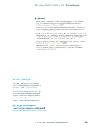 Talent Report: What Workers Want in 2012 | Executive Summary




                                  Endnotes
                                  1
                                      Towers Watson, “The Power of Three: Taking Engagement to New Heights.”
                                       URL: http://www.towerswatson.com/assets/pdf/3848/Towers-Watson-
                                       EmployeeSurvey_power-of-three.pdf (2011).
                                  2
                                      John Sullivan, “Assess Your Employment Brand Using an Audit Checklist.” URL:
                                       http://www.ere.net/2008/07/21/assess-your-employment-brand-using-an-
                                       audit-checklist (July 21, 2008).
                                  3
                                      Jean M. Twenge, PhD, and Elise C. Freeman, MA, San Diego State University; W.
                                       Keith Campbell, PhD, University of Georgia; “Generational Differences in Young
                                       Adults’ Life Goals, Concern for Others, and Civic Orientation, 1966-2009,”
                                       Journal of Personality and Social Psychology, Vol. 102, No. 5.
                                  4
                                      Corporate Leadership Council, “Driving Performance and Retention Through
                                       Employee Engagement.” Washington DC, 2004.
                                  5
                                      KPMG International Survey of Corporate Responsibility Reporting 2011,
                                       http://www.kpmg.com/PT/pt/IssuesAndInsights/Documents/corporate-
                                       responsibility2011.pdf, p. 6, p. 7.




About Net Impact
Net Impact is a community of more than
30,000 changemakers using our careers to
tackle the world’s toughest problems.

A San Francisco-based nonproﬁt with more
than 300 chapters worldwide, we provide
support, connections, and practical advice
to help people in all sectors and job functions
create a more just and sustainable future.



For more information:
www.netimpact.org/whatworkerswant




                                      © 2012 Net Impact | www.netimpact.org/whatworkerswant                       10
 