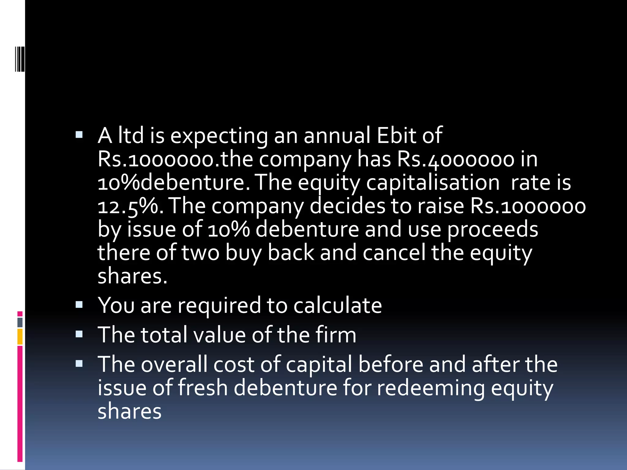  A ltd is expecting an annual Ebit of
Rs.1000000.the company has Rs.4000000 in
10%debenture. The equity capitalisation rate is
12.5%. The company decides to raise Rs.1000000
by issue of 10% debenture and use proceeds
there of two buy back and cancel the equity
shares.
You are required to calculate
The total value of the firm
The overall cost of capital before and after the
issue of fresh debenture for redeeming equity
shares