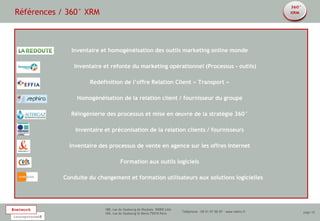 Références / 360° XRM



                   Inventaire et homogénéisation des outils marketing online monde

                    Inventaire et refonte du marketing opérationnel (Processus - outils)

                         Redéfinition de l’offre Relation Client « Transport »

                     Homogénéisation de la relation client / fournisseur du groupe

                  Réingénierie des processus et mise en œuvre de la stratégie 360°

                    Inventaire et préconisation de la relation clients / fournisseurs

                  Inventaire des processus de vente en agence sur les offres Internet

                                        Formation aux outils logiciels

                Conduite du changement et formation utilisateurs aux solutions logicielles




#network                       188, rue du faubourg de Roubaix 59000 Lille
                               104, rue du faubourg St-Denis 75010 Paris
                                                                             Téléphone : 09 51 97 99 97 - www.netinc.fr   page 10
incorporated#
 