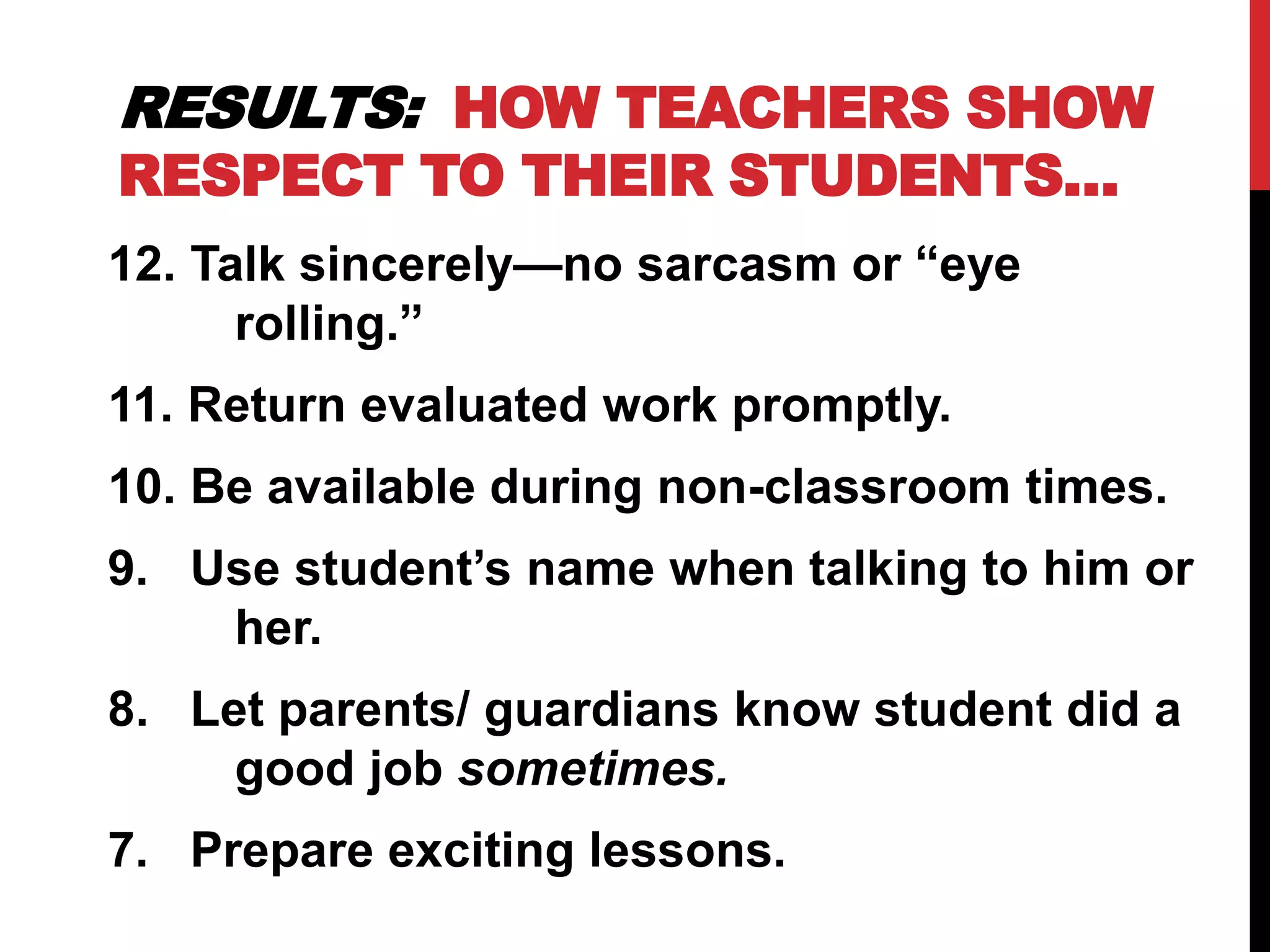 RESULTS: HOW TEACHERS SHOW
RESPECT TO THEIR STUDENTS…
12. Talk sincerely—no sarcasm or “eye
rolling.”
11. Return evaluated work promptly.
10. Be available during non-classroom times.
9. Use student’s name when talking to him or
her.
8. Let parents/ guardians know student did a
good job sometimes.
7. Prepare exciting lessons.
 