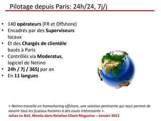 Pilotage depuis Paris: 24h/24, 7j/j

• 140 opérateurs (FR et Offshore)
• Encadrés par des Superviseurs
  locaux
• Et des Chargés de clientèle
  basés à Paris
• Contrôlés via Moderatus,
  logiciel de Netino
• 24h / 7j / 365j par an
• En 11 langues




   « Netino travaille en homeshoring offshore, une solution pertinente qui nous permet de
   couvrir tous les fuseaux horaires à des couts intéressants ».
   Johan Le Bail, Meetic dans Relation Client Magazine – Janvier 2012
 