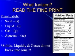 What Ionizes? READ THE FINE PRINT Phase Labels: Solid – (s) Liquid – (l) Gas – (g) Aqueous – (aq) * Solids, Liquids, & Gases do not break into ions!!! 