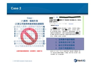 © 2012 NetIQ Corporation. All rights reserved.
Case 2
Case：
(1) 案例：個資外洩
(2) 某公司發現有敏感資訊遭竊取
(3) 資訊人員第一時間進行查詢所有
日誌，包含防火牆、入侵偵測系統、
資料庫稽核系統、甚至所有網頁伺
服器日誌，但因為沒有比較明確的
時間，以及明確目標，導致無法協
助檢調單位進行數位鑑識。
(4) 檢調單位最後因為數位鑑識缺乏
資料而導致無法找出個資外洩原因，
此公司最後遭致極大的商譽損失
此案例僅為模擬情境，如有雷同，純屬巧合
1.  沒有集中儲存機制
2.  沒有有效分析工具
3.  缺乏日常安控查核
4.  日誌不具鑑識效力
 
