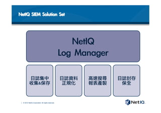 © 2012 NetIQ Corporation. All rights reserved.
NetIQ	 
Log	 Manager
日誌集中
收集保存	 
日誌資料
正規化
高速搜尋
報表產製
日誌封存
保全
NetIQ	 SIEM	 Solution	 Set
 