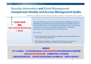 © 2012 NetIQ Corporation. All rights reserved.
	 關鍵發現
	 -	 有了SIEM的配合，可以有效補足並延伸IAM(帳號與權限管理)‫‏‬方案中稽核與報告的功能與視野
	 -	 而SIEM(稽核與日誌管理)方案，也需要參考到IAM中的使用者
	 	 	 和資源存取政策的定義，以有效進行使用者活動與行為的關連分析，兩者合作相得益彰。
以IAM+SIEM
達成
User Activity Monitoring
+ Audit
 