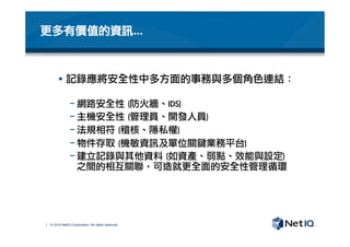 © 2012 NetIQ Corporation. All rights reserved.
更多有價值的資訊…
§  記錄應將安全性中多方面的事務與多個角色連結：

− 網路安全性	 (防火牆、IDS)
− 主機安全性	 (管理員、開發人員)
− 法規相符	 (稽核、隱私權)
− 物件存取	 (機敏資訊及單位關鍵業務平台)
− 建立記錄與其他資料	 (如資產、弱點、效能與設定)	 
之間的相互關聯，可造就更全面的安全性管理循環
 