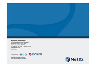 Worldwide Headquarters
1233 West Loop South, Suite 810
Houston, Texas 77027 USA
Worldwide: 713.548.1700
N. America Toll Free: 1.888.323.6768
Info@NetIQ.com
NetIQ.com
Follow NetIQ:
NetIQ, an Attachmate business.
© 2011 NetIQ Corporation. All rights reserved.
46
 