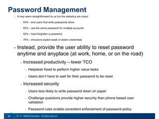 Password Management
•

It may seem straightforward to us but the statistics are scary!
–
–

65% - use the same password for multiple accounts

–

82% - have forgotten a password

–

•

64% - end users that write passwords down

76% - intrusions exploit weak or stolen credentials

Instead, provide the user ability to reset password
anytime and anyplace (at work, home, or on the road)
–

Increased productivity – lower TCO
–
–

–

Helpdesk freed to perform higher value tasks
Users don’t have to wait for their password to be reset

Increased security
–
–

Challenge questions provide higher security than phone based user
validation

–
30

Users less likely to write password down on paper

Password rules enable consistent enforcement of password policy

© 2011 NetIQ Corporation. All rights reserved.

 
