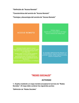 *Definición de “Acceso Remoto” 
*Características del servicio de “Acceso Remoto” 
*Ventajas y desventajas del servicio de “Acceso Remoto” 
S is t em a s e g u ro 
S o p o r t e p a r a c om p u t a d o r a s d e l h o g a r 
E n v ía e l e n t o r n o d e t r a b a jo to t a l 
S e c o n s id e r a A dm in is t r a c ió n R em o t a a la 
fu n c io n a lid a d d e a lg u n o s p r o g r am a s q u e 
p e rm it e n r e a liz a r c ie r to s t ip o s d e a c c io n e s 
d e s d e u n e q u ip o lo c a l 
A C C E S O R EMO T O 
Ve n t a ja s :P u e d e n r e p a r a r o h a c e r 
m a n t e n im ie n to p r e v e n t iv o a t u P C s in s a lir 
d e c a s a y c o n la s e g u r id a d d e q u e t u P C 
s e r á r e p a r a d a . 
P u e d e s p e d ir a c c e s o r em o t o c u a n d o lo 
n e c e s it e s s in n in g ú n p r o b lem a 
D e s v e n t a ja s : S o lo s e p u e d e n h a c e r u n 
d e t e rm in a d o t ip o s d e a c t iv id a d e s (m e n o s 
fo rm a t e a r ) . 
E l a c c e s o r em o t o s o lo in v o lu c r a a l S o f twa r e . 
“REDES SOCIALES” 
ACTIVIDAD 
1.- Explica mediante un mapa mental-conceptual el servicio de “Redes 
Sociales”. El mapa debe contener los siguientes puntos: 
*Definición de “Redes Sociales” 
 