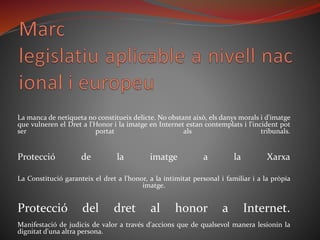 La manca de netiqueta no constitueix delicte. No obstant això, els danys morals i d'imatge
que vulneren el Dret a l'Honor i la imatge en Internet estan contemplats i l'incident pot
ser portat als tribunals.
Protecció de la imatge a la Xarxa
La Constitució garanteix el dret a l'honor, a la intimitat personal i familiar i a la pròpia
imatge.
Protecció del dret al honor a Internet.
Manifestació de judicis de valor a través d'accions que de qualsevol manera lesionin la
dignitat d'una altra persona.
 