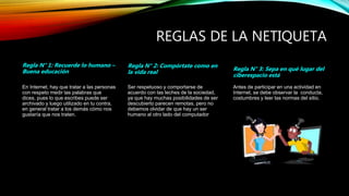 REGLAS DE LA NETIQUETA
Regla N° 1: Recuerde lo humano –
Buena educación
En Internet, hay que tratar a las personas
con respeto medir las palabras que
dices, pues lo que escribes puede ser
archivado y luego utilizado en tu contra,
en general tratar a los demás cómo nos
gustaría que nos traten.
Regla N° 2: Compórtate como en
la vida real
Ser respetuoso y comportarse de
acuerdo con las leches de la sociedad,
ya que hay muchas posibilidades de ser
descubierto parecen remotas, pero no
debemos olvidar de que hay un ser
humano al otro lado del computador
Regla N° 3: Sepa en qué lugar del
ciberespacio está
Antes de participar en una actividad en
Internet, se debe observar la conducta,
costumbres y leer las normas del sitio.
 