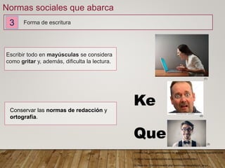 Ke
Que
3 Forma de escritura
Normas sociales que abarca
Escribir todo en mayúsculas se considera
como gritar y, además, dificulta la lectura.
Conservar las normas de redacción y
ortografía.
(2) https://www.canstockphoto.es/asustado-2540519.html
(3) https://es.123rf.com/search.php?word=cara+alegre&srch_lang=
(1)
(1) https://es.123rf.com/imagenes-de-archivo/gritar.html?mediapopup=20572554
(2)
(3)
 