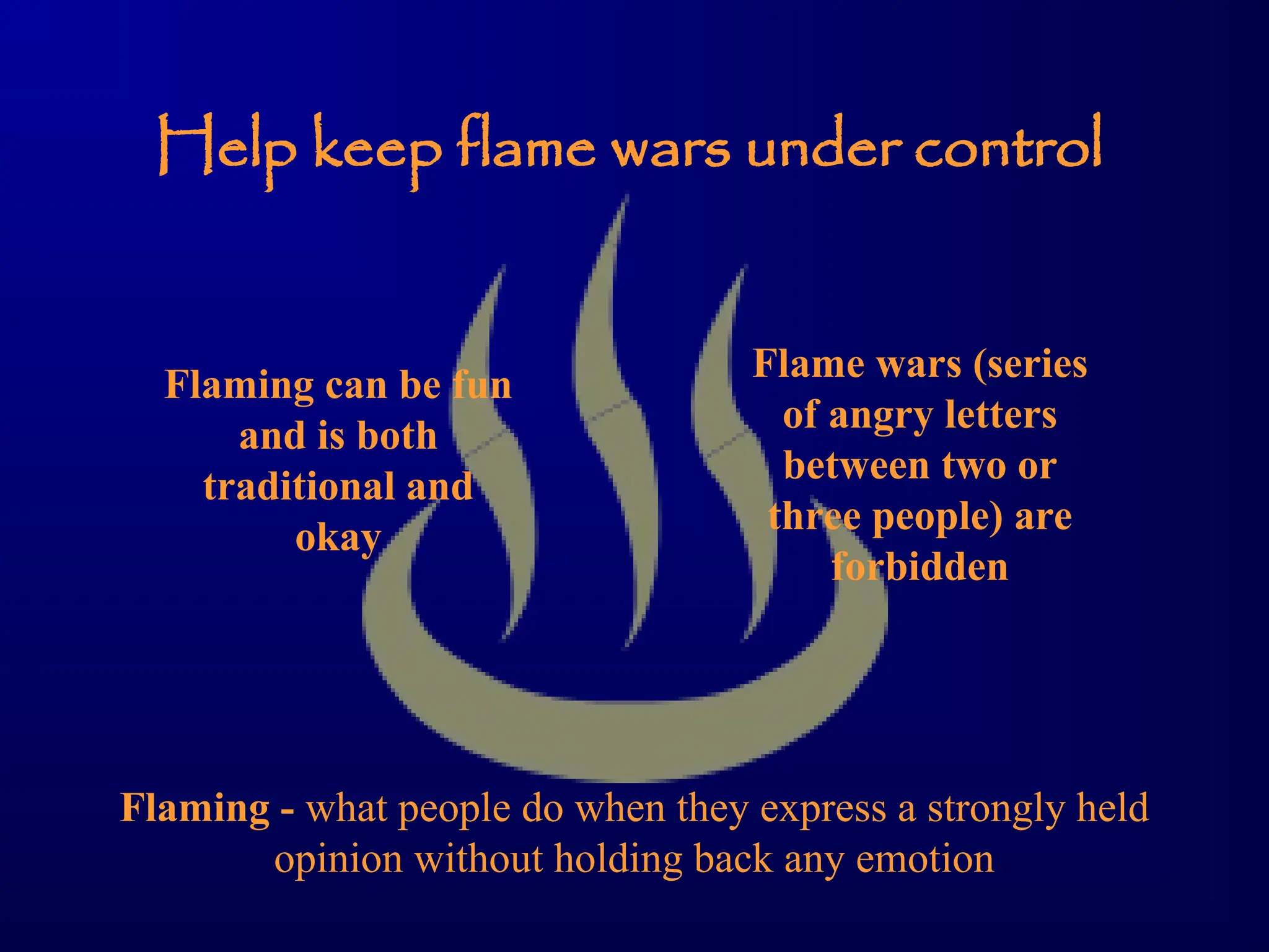 Help keep flame wars under control
Flaming - what people do when they express a strongly held
opinion without holding back any emotion
Flaming can be fun
and is both
traditional and
okay
Flame wars (series
of angry letters
between two or
three people) are
forbidden
 