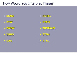 How Would You Interpret These? BCNU BTW FWIW IMHO OBO ROTFL RTFM TNSTAAFL TTFM TTYL  