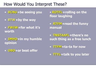 How Would You Interpret These? BCNU =be seeing you BTW =by the way FWIW =for what it’s worth IMHO =in my humble opinion OBO =or best offer ROTFL =rolling on the floor laughing RTFM =read the funny manual TNSTAAFL =there’s no such thing as a free lunch TTFM =ta-ta for now TTYL =talk to you later 
