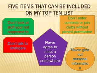 Five Items that can Be included on my top ten listDon’t enter contests or join clubs without parent permissionDon’t look at stuff your not supposed toNever agree to meet a person somewhere Don’t talk to strangersNever give out personal information