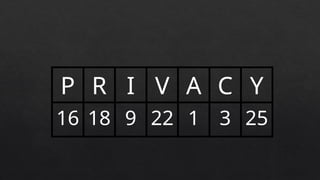 P R I V A C Y
16 18 9 22 1 3 25
 