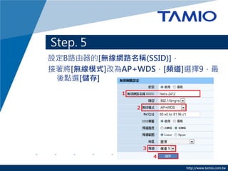 Step. 5
設定B路由器的[無線網路名稱(SSID)]，
接著將[無線模式]改為AP+WDS，[頻道]選擇9，最
 後點選[儲存]




                     http://www.tamio.com.tw
 