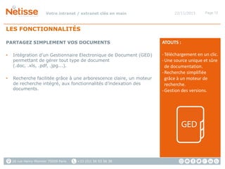 Votre intranet / extranet clés en main

22/11/2013

Page 12

LES FONCTIONNALITÉS
PARTAGEZ SIMPLEMENT VOS DOCUMENTS
•

Intégration d’un Gestionnaire Electronique de Document (GED)
permettant de gérer tout type de document
(.doc, .xls, .pdf, .jpg...).

•

Recherche facilitée grâce à une arborescence claire, un moteur
de recherche intégré, aux fonctionnalités d’indexation des
documents.

26 rue Henry Monnier 75009 Paris

+33 (0)1 56 53 56 38

ATOUTS :
- Téléchargement en un clic.
- Une source unique et sûre
de documentation.
- Recherche simplifiée
grâce à un moteur de
recherche.
- Gestion des versions.

 
