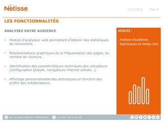 22/11/2013

Page 16

LES FONCTIONNALITÉS
ANALYSEZ VOTRE AUDIENCE

ATOUTS :

•

Module d’analyseur web permettant d’obtenir des statistiques
de connexions.

•

Représentations graphiques de la fréquentation des pages, du
nombre de visiteurs…

•

Identification des caractéristiques techniques des utilisateurs
(configuration globale, navigateurs internet utilisés…).

•

Affichage personnalisable des statistiques en fonction des
profils des collaborateurs.

26 rue Henry Monnier 75009 Paris

+33 (0)1 56 53 56 38

- Analyse d’audience.
- Statistiques en temps réel.

 