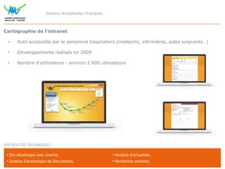 Centre Hospitalier français

Cartographie de l’intranet
•

Outil accessible par le personnel hospitaliers (médecins, infirmières, aides soignants…)

•

Développements réalisés en 2009

•

Nombre d’utilisateurs : environ 2 000 utilisateurs

SPÉCIFICITÉS TECHNIQUES :
• Site développé avec Joomla.
• Gestion Electronique de Documents.

• Module d’actualités.
• Recherche avancée.

 