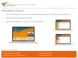Centre Hospitalier français

Cartographie de l’intranet
•

Outil accessible par le personnel hospitaliers (médecins, infirmières, sages femmes…)

•

Développements réalisés en 2008

•

Nombre d’utilisateurs : environ 2 137 utilisateurs

SPÉCIFICITÉS TECHNIQUES :
• Site développé avec Joomla.
• Gestion Electronique de Documents.

• Module d’actualités.
• Recherche avancée.

 