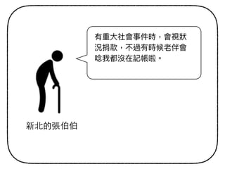 新北的張伯伯
有重⼤大社會事件時，會視狀狀
況捐款，不過有時候老伴會
唸我都沒在記帳啦。
 