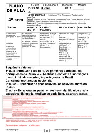 Cláudia Rodrigues Proibido reprodução e postagem
12
PLANO
DE AULA
4ª sem
( ) Diário (x ) Semanal ( ) Quinzenal ( ) Mensal
DISCIPLINA: História DATA: ________
E.E. ____________________________________
EIXO TEMÁTICO I: Histórias de Vida, Diversidade Populacional e
Migrações
Tema 2: Histórias de Vida, Diversidade Populacional (Étnica, Cultural, Regional e Social)
e Migrações Locais, Regionais e Intercontinentais
Subtema 2 – Transformações econômicas, diversidade populacional e colonização
portuguesa no Brasil
TÓPICOS HABILIDA
DES (Nº)
RECURSO
DIDÁTICO
METODOLOGIA AVALIAÇÃO
4. Os primeiros
europeus: os
portugueses do Reino
Conteúdo
Colonização
- Mercantilismo
Renascimento
Constituição do
Estado Nacional/
Absolutismo
Reformas Religiosas
Crise econômica
europeia.
4.1. Identificar e
caracterizar a cultura
europeia e portuguesa
nos séculos XV e XVI.
4.2. Analisar o contexto e
motivações para o início
da colonização
portuguesa no Brasil.
Caderno do aluno(x)
Datashow ( )
Quadro/giz ( x )
Outros:
Livro didático ( )
Jornais, revistas (x)
Mídias ( )
Computador ( )
Trabalho em grupo
( )
Debate ( )
Pesquisa de campo
( )
Aula expositiva
dialógica( )
Exercícios ( )
Exposição de
Trabalhos ( )
Mídias ( )
Leituras ( )
Atividades em
ambiente virtual ()
Outras ( )
Diagnóstica ( )
Dinâmicas ( )
Oral ( x)
Escrita ( x)
Atitudinal (x)
Virtual ( )
Outras ( )
Sequência didática –
1ª aula- Introduzir o tópico 4. Os primeiros europeus: os
portugueses do Reino. 4.2. Analisar o contexto e motivações
para o início da colonização portuguesa no Brasil.
Conceituar monarquias nacionais.
2ª aulas – Encontrar no caça palavras, as palavras chave do
tópico.
3ª aula – Relacionar as palavras aos seus significados e aula
expositiva dialogada, explicando cada item. Interpretar a imagem
________________Poder absoluto, "Direito Divino dos Reis", diziam que o poder e autoridade dos reis vinham diretamente de Deus.
_________________Classe social formada por nobres que recebiam privilégios do rei. (eram sustentados)
_________________Classe que passou a ter boas condições de vida por causa do comercio.
_________________Comerciantes
_________________Na Europa medieval, eram os servos trabalhadores
_________________Que possui o capital, empresário no capitalismo – sistema econômico baseado no lucro.
_________________Da colônia – Época da dominação.
_________________Essas práticas enriqueceram os burgueses e facilitaram a colonização do Brasil.
_________________É o mesmo que mercantil.
_________________O mesmo que impostos
_________________Época antes das grandes navegações caracterizada pelo domínio da igreja.
_________________Era pago pelos camponeses e pela burguesia e sustentava os nobres e o rei.
_________________Sistema de governo em que o monarca (rei) governa um país como chefe de Estado.
_________________Relativo a moeda, dinheiro.
_________________Classe social elevada que tinha ligações políticas com o rei.
_________________Primeiro que penetram ou colonizam uma região; desbravador. Portugal foi o primeiro a sair para as grandes navegações.
_________________É quando o governante adota medidas que protegem a economia contra a entrada de produtos estrangeiros.
_________________Monarca. O principal representante do absolutismo.
_________________ Sistema econômico, político e social que se fundamenta sobre a propriedade da terra.
_________________ São transmissões de costumes, comportamentos, memórias, rumores, crenças, lendas, para pessoas de uma comunidade, sendo que os elementos transmitidos passam a fazer parte da
cultura.
ABSOLUTISTA ARISTOCRACIA BURGUESIA BURGUESES CAMPONESES CAPITALISTA COLONIAL
COMERCIAIS COMERCIAL FISCAL IDADE MÉDIA IMPOSTOS MONARQUIA MONETÁRIO
NOBRES PIONEIRO PROTECIONISMO REI FEUDAL TRADIÇÕES
Os camponeses sustentam a aristocracia.
 