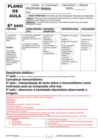 Cláudia Rodrigues Proibido reprodução e postagem
16
PLANO
DE
AULA
6ª sem
( ) Diário (x ) Semanal ( ) Quinzenal ( ) Mensal
DISCIPLINA: História DATA: ________
E.E. ____________________________________
EIXO TEMÁTICO I: Histórias de Vida, Diversidade Populacional e Migrações
Tema 2: Histórias de Vida, Diversidade Populacional (Étnica, Cultural, Regional e Social) e
Migrações Locais, Regionais e Intercontinentais
Subtema 2 – Transformações econômicas, diversidade populacional e colonização
portuguesa no Brasil
TÓPICOS HABILIDADES
(Nº)
RECURSO
DIDÁTICO
METODOLOGIA AVALIAÇÃO
4. Os primeiros
europeus: os
portugueses do
Reino
Conteúdo
Colonização
- Mercantilismo
Renascimento
Constituição do
Estado Nacional/
Absolutismo
Reformas Religiosas
Crise econômica
europeia.
4.1. Identificar e caracterizar
a cultura europeia e
portuguesa nos séculos XV e
XVI.
4.2. Analisar o contexto e
motivações para o início da
colonização portuguesa no
Brasil.
Caderno do
aluno(x)
Datashow ( )
Quadro/giz ( x )
Outros:
Livro didático ( )
Jornais, revistas
(x)
Mídias ( )
Computador ( )
Trabalho em grupo
( )
Debate ( )
Pesquisa de campo
( )
Aula expositiva
dialógica( )
Exercícios ( )
Exposição de
Trabalhos ( )
Mídias ( )
Leituras ( )
Atividades em
ambiente virtual ()
Outras ( )
Diagnóstica ( )
Dinâmicas ( )
Oral ( x)
Escrita ( x)
Atitudinal (x)
Virtual ( )
Outras ( )
Sequência didática –
1ª aula- 4.2. Analisar o contexto e motivações para o início da colonização portuguesa no Brasil.
Conceituar mercantilismo
2ª aula – Interpretação de texto sobre o mercantilismo como
motivação para as conquistas ultra mar.
3ª aula – descrever a sociedade absolutista observando a
imagem.
1foi um conjunto de medidas econômicas adotadas pelos Estados Nacionais modernos no período de Transição (Feudalismo p/
Capitalismo), tendo os Reis e o Estado, o poder de intervir na economia.
2.Feudalismo
3 Mercantilismo
4 Absolutista
5 estoques de ouro e prata, o comércio e a indústria
6. através do comércio.
7.O país devia exportar mais que importar
8. As colônias deveriam ser mantidas como consumidoras dos produtos da metrópole e ao mesmo tempo 9.fornecedoras de
matéria prima para a metrópole.
todo o comércio era monopólio da metrópole e se as colônias produzissem, não comprariam os produtos da metrópole.
10porque eram consumidores, de mão de obra e forças de defesa.
11.objetivo principal dos governos absolutistas era alcançar o máximo possível de desenvolvimento econômico, através do
acúmulo de riquezas (ouro e prata).
1. Metalismo
2. Protecionismo
3. Pacto Colonial
4. Balança Comercial Favorável
( ) Acúmulo de ouro e a prata
( ) os reis criavam impostos e taxas para evitar a entrada de produtos
vindos do exterior
( ) as colônias deveriam fazer comércio apenas com suas metrópoles.
( ) exportar mais do que importar
 