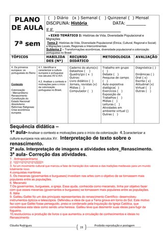 Cláudia Rodrigues Proibido reprodução e postagem
19
PLANO
DE AULA
7ª sem
( ) Diário (x ) Semanal ( ) Quinzenal ( ) Mensal
DISCIPLINA: História DATA: ________
E.E. ____________________________________
EIXO TEMÁTICO I: Histórias de Vida, Diversidade Populacional e
Migrações
Tema 2: Histórias de Vida, Diversidade Populacional (Étnica, Cultural, Regional e Social)
e Migrações Locais, Regionais e Intercontinentais
Subtema 2 – Transformações econômicas, diversidade populacional e colonização
portuguesa no Brasil
TÓPICOS HABILIDA
DES (Nº)
RECURSO
DIDÁTICO
METODOLOGIA AVALIAÇÃO
4. Os primeiros
europeus: os
portugueses do Reino
Conteúdo
Colonização
- Mercantilismo
Renascimento
Constituição do
Estado Nacional/
Absolutismo
Reformas Religiosas
Crise econômica
europeia.
4.1. Identificar e
caracterizar a cultura
europeia e portuguesa
nos séculos XV e XVI.
4.2. Analisar o contexto e
motivações para o início
da colonização
portuguesa no Brasil.
Caderno do aluno(x)
Datashow ( )
Quadro/giz ( x )
Outros:
Livro didático ( )
Jornais, revistas (x)
Mídias ( )
Computador ( )
Trabalho em grupo
( )
Debate ( )
Pesquisa de campo
( )
Aula expositiva
dialógica( )
Exercícios ( )
Exposição de
Trabalhos ( )
Mídias ( )
Leituras ( )
Atividades em
ambiente virtual ()
Outras ( )
Diagnóstica ( )
Dinâmicas ( )
Oral ( x)
Escrita ( x)
Atitudinal (x)
Virtual ( )
Outras ( )
Sequência didática –
1ª aula-Analisar o contexto e motivações para o início da colonização 4.1caracterizar a
cultura europeia nos séculos XV. Interpretação de texto sobre o
renascimento.
2ª aula. Interpretação de imagens e atividades sobre_Renascimento.
3ª aula- Correção das atividades.
1 . Antropocentrismo
2. 122112121212122221
3. foi um movimento cultural que marcou a fase de transição dos valores e das tradições medievais para um mundo
totalmente novo.
4.conquistas marítimas
5. Os mecenas (governantes e burgueses) investiam nas artes com o objetivo de se tornassem mais
populares entre as populações.
6. Mecenato
7.Os governantes, burgueses, a igreja. Essa ajuda, conhecida como mecenato, tinha por objetivo fazer
com que esses mecenas (governantes e burgueses) se tornassem mais populares entre as populações.
8. Itália
9. Galileu Galilei foi um dos principais representantes do renascimento Científico- desenvolveu
instrumentos ópticos e telescópios. Defendeu a ideia de que a Terra girava em torno do Sol. Este motivo
fez com que Galilei fosse perseguido, preso e condenado pela Inquisição da Igreja Católica, que
considerava esta ideia como sendo uma heresia. Galileu teve que desmentir suas ideias para fugir da
fogueira.
10,revolucionou a produção de livros o que aumentou a circulação de conhecimentos e ideias no
Renascimento
 